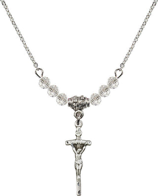 18" Rhodium Plated Necklace with 4mm Crystal Beads featuring a Sterling Silver Papal Crucifix Medal.