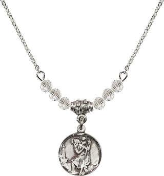 18" Rhodium Plated Necklace with 4mm Crystal Beads featuring a Sterling Silver Saint Christopher Medal. Engraved Catholic Saint Jewelry