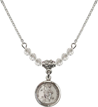 18" Rhodium Plated Necklace with 4mm Crystal Beads featuring a Sterling Silver Guardian Angel Medal. Engraved Catholic Saint Jewelry