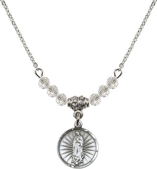 18" Rhodium Plated Necklace with 4mm Crystal Beads featuring a Sterling Silver Our Lady of Guadalupe Medal. Engraved Catholic Saint Jewelry