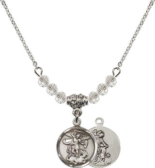 18" Rhodium Plated Necklace with 4mm Crystal Beads featuring a Sterling Silver Saint Michael the Archangel Medal.