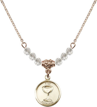 18" Hamilton Gold Plated Necklace with 4mm Crystal Beads featuring a 14kt Gold Filled Communion Medal. Engraved Catholic Saint Jewelry