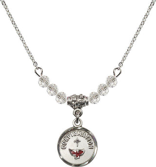 18" Rhodium Plated Necklace with 4mm Crystal Beads featuring a Sterling Silver Confirmation Medal. Engraved Catholic Saint Jewelry