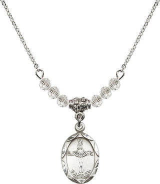 18" Rhodium Plated Necklace with 4mm Crystal Beads featuring a Sterling Silver Baptism Medal. Engraved Catholic Saint Jewelry