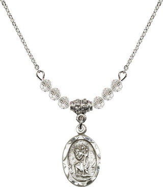18" Rhodium Plated Necklace with 4mm Crystal Beads featuring a Sterling Silver Saint Christopher Medal. Engraved Catholic Saint Jewelry