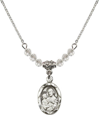 18" Rhodium Plated Necklace with 4mm Crystal Beads featuring a Sterling Silver Saint Joseph Medal. Engraved Catholic Saint Jewelry