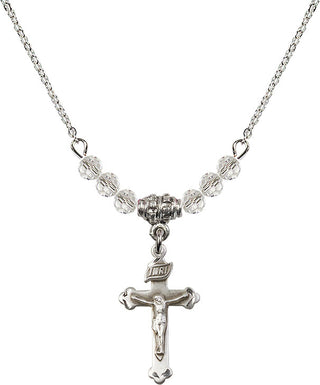 18" Rhodium Plated Necklace with 4mm Crystal Beads featuring a Sterling Silver Crucifix Medal.