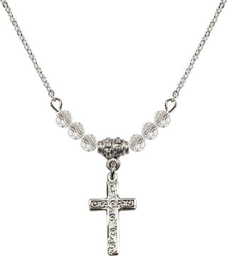 18" Rhodium Plated Necklace with 4mm Crystal Beads featuring a Sterling Silver Cross Medal.