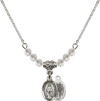 18" Rhodium Plated Necklace with 4mm Crystal Beads featuring a Sterling Silver Miraculous Medal.