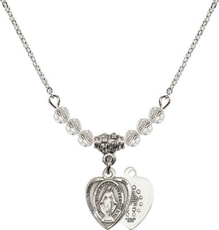 18" Rhodium Plated Necklace with 4mm Crystal Beads featuring a Sterling Silver Miraculous Medal.