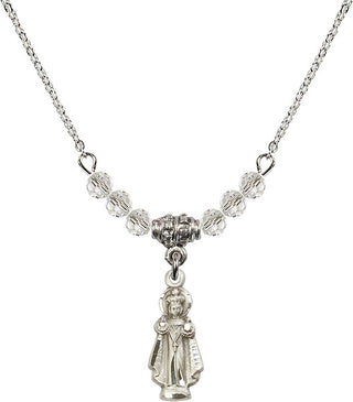 18" Rhodium Plated Necklace with 4mm Crystal Beads featuring a Sterling Silver Infant of Prague Medal.