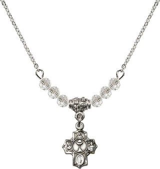 18" Rhodium Plated Necklace with 4mm Crystal Beads featuring a Sterling Silver Communion 5-Way Medal.