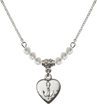 18" Rhodium Plated Necklace with 4mm Crystal Beads featuring a Sterling Silver Heart / Confirmation Medal.