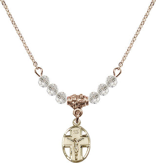 18" Hamilton Gold Plated Necklace with 4mm Crystal Beads featuring a 14kt Gold Filled Crucifix Medal.