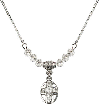18" Rhodium Plated Necklace with 4mm Crystal Beads featuring a Sterling Silver 5-Way / Chalice Medal.