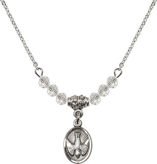 18" Rhodium Plated Necklace with 4mm Crystal Beads featuring a Sterling Silver Holy Spirit Medal.