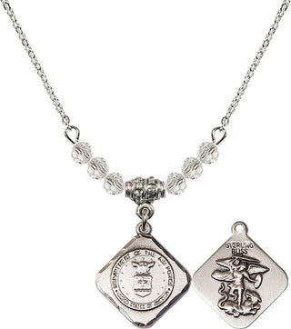18" Rhodium Plated Necklace with 4mm Crystal Beads featuring a Sterling Silver Air Force Diamond Medal.