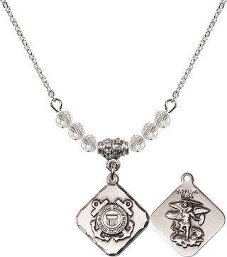 18" Rhodium Plated Necklace with 4mm Crystal Beads featuring a Sterling Silver Coast Guard Diamond Medal.