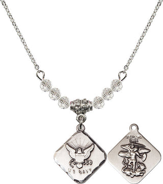 18" Rhodium Plated Necklace with 4mm Crystal Beads featuring a Sterling Silver Navy Diamond Medal.