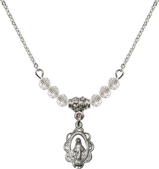 18" Rhodium Plated Necklace with 4mm Crystal Beads featuring a Sterling Silver Miraculous Medal.