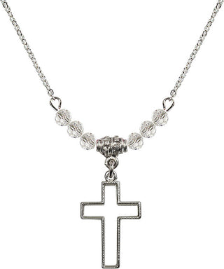 18" Rhodium Plated Necklace with 4mm Crystal Beads featuring a Sterling Silver Cross Medal.