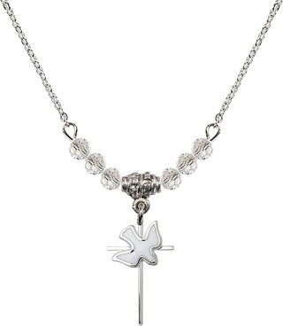 18" Rhodium Plated Necklace with 4mm Crystal Beads featuring a Sterling Silver Cross / Holy Spirit Medal.