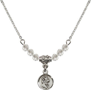 18" Rhodium Plated Necklace with 4mm Crystal Beads featuring a Sterling Silver Saint Christopher Medal.