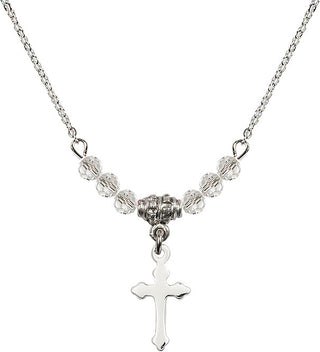 18" Rhodium Plated Necklace with 4mm Crystal Beads featuring a Sterling Silver Cross Medal.