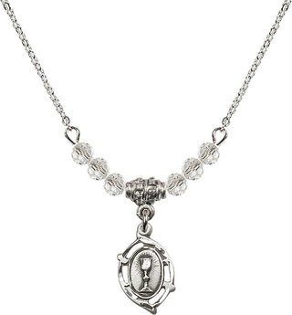18" Rhodium Plated Necklace with 4mm Crystal Beads featuring a Sterling Silver Communion Medal.