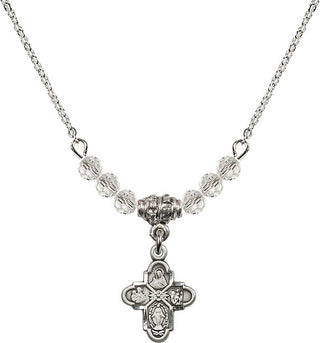 18" Rhodium Plated Necklace with 4mm Crystal Beads featuring a Sterling Silver 4-Way Medal.