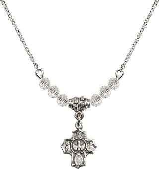 18" Rhodium Plated Necklace with 4mm Crystal Beads featuring a Sterling Silver 5-Way Medal.