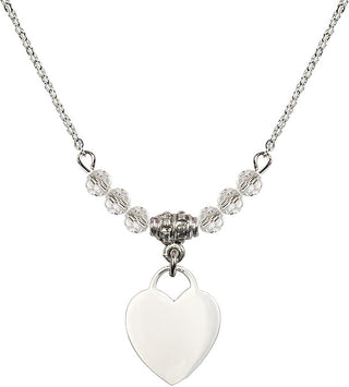 18" Rhodium Plated Necklace with 4mm Crystal Beads featuring a Sterling Silver Heart Medal. Engraved Catholic Saint Jewelry
