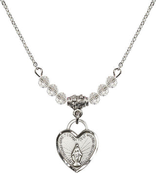 18" Rhodium Plated Necklace with 4mm Crystal Beads featuring a Sterling Silver Miraculous Heart Medal. Engraved Catholic Saint Jewelry
