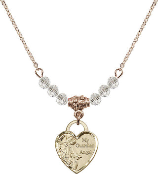 18" Hamilton Gold Plated Necklace with 4mm Crystal Beads featuring a 14kt Gold Filled Guardian Angel Heart Medal. Engraved Catholic Saint Jewelry