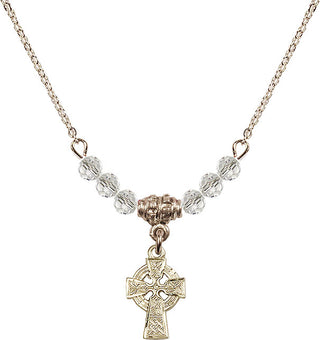 18" Hamilton Gold Plated Necklace with 4mm Crystal Beads featuring a 14kt Gold Filled Celtic Cross Medal.