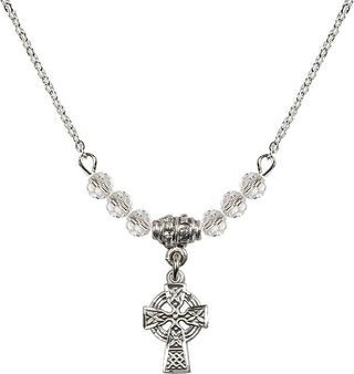 18" Rhodium Plated Necklace with 4mm Crystal Beads featuring a Sterling Silver Celtic Cross Medal.