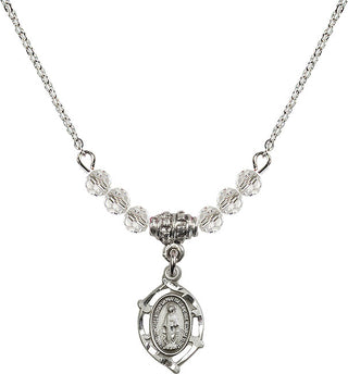 18" Rhodium Plated Necklace with 4mm Crystal Beads featuring a Sterling Silver Miraculous Medal.