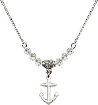 18" Rhodium Plated Necklace with 4mm Crystal Beads featuring a Sterling Silver Anchor Medal.
