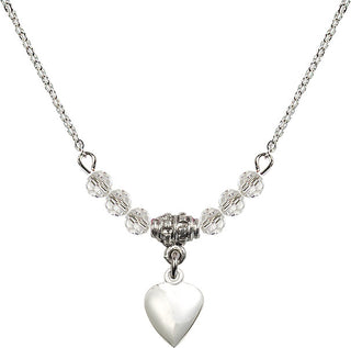 18" Rhodium Plated Necklace with 4mm Crystal Beads featuring a Sterling Silver Heart Medal.