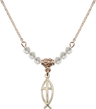 18" Hamilton Gold Plated Necklace with 4mm Crystal Beads featuring a 14kt Gold Filled Fish / Cross Medal.