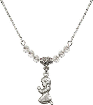 18" Rhodium Plated Necklace with 4mm Crystal Beads featuring a Sterling Silver Praying Girl Medal.