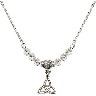 18" Rhodium Plated Necklace with 4mm Crystal Beads featuring a Sterling Silver Trinity Irish Knot Medal.