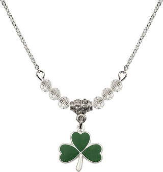 18" Rhodium Plated Necklace with 4mm Crystal Beads featuring a Sterling Silver Shamrock Medal.
