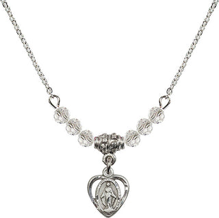 18" Rhodium Plated Necklace with 4mm Crystal Beads featuring a Sterling Silver Miraculous Medal.