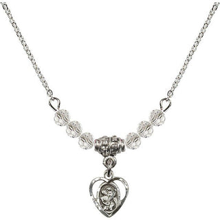 18" Rhodium Plated Necklace with 4mm Crystal Beads featuring a Sterling Silver Saint Christopher Medal. Engraved Catholic Saint Jewelry