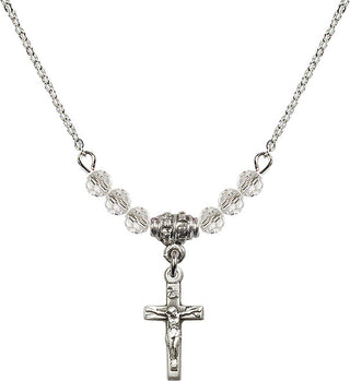 18" Rhodium Plated Necklace with 4mm Crystal Beads featuring a Sterling Silver Crucifix Medal.
