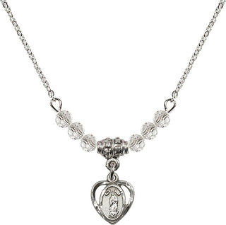 18" Rhodium Plated Necklace with 4mm Crystal Beads featuring a Sterling Silver Our Lady of Guadalupe Medal.