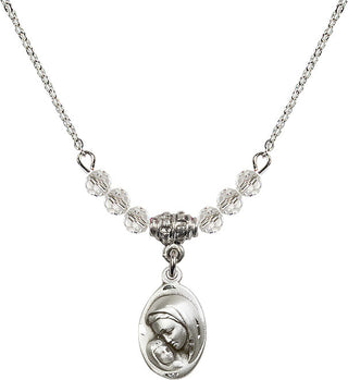 18" Rhodium Plated Necklace with 4mm Crystal Beads featuring a Sterling Silver Madonna & Child Medal.