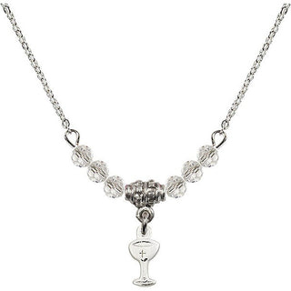 18" Rhodium Plated Necklace with 4mm Crystal Beads featuring a Sterling Silver Chalice Medal.