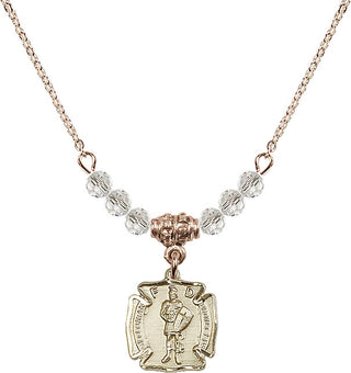 18" Hamilton Gold Plated Necklace with 4mm Crystal Beads featuring a 14kt Gold Filled Saint Florian Medal. Engraved Catholic Saint Jewelry